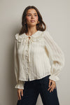 Ecru Lace Trim Button Down Blouse