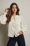 Ecru Lace Trim Button Down Blouse