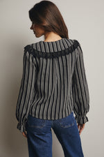 Black and White Lace Trim Button Down Blouse