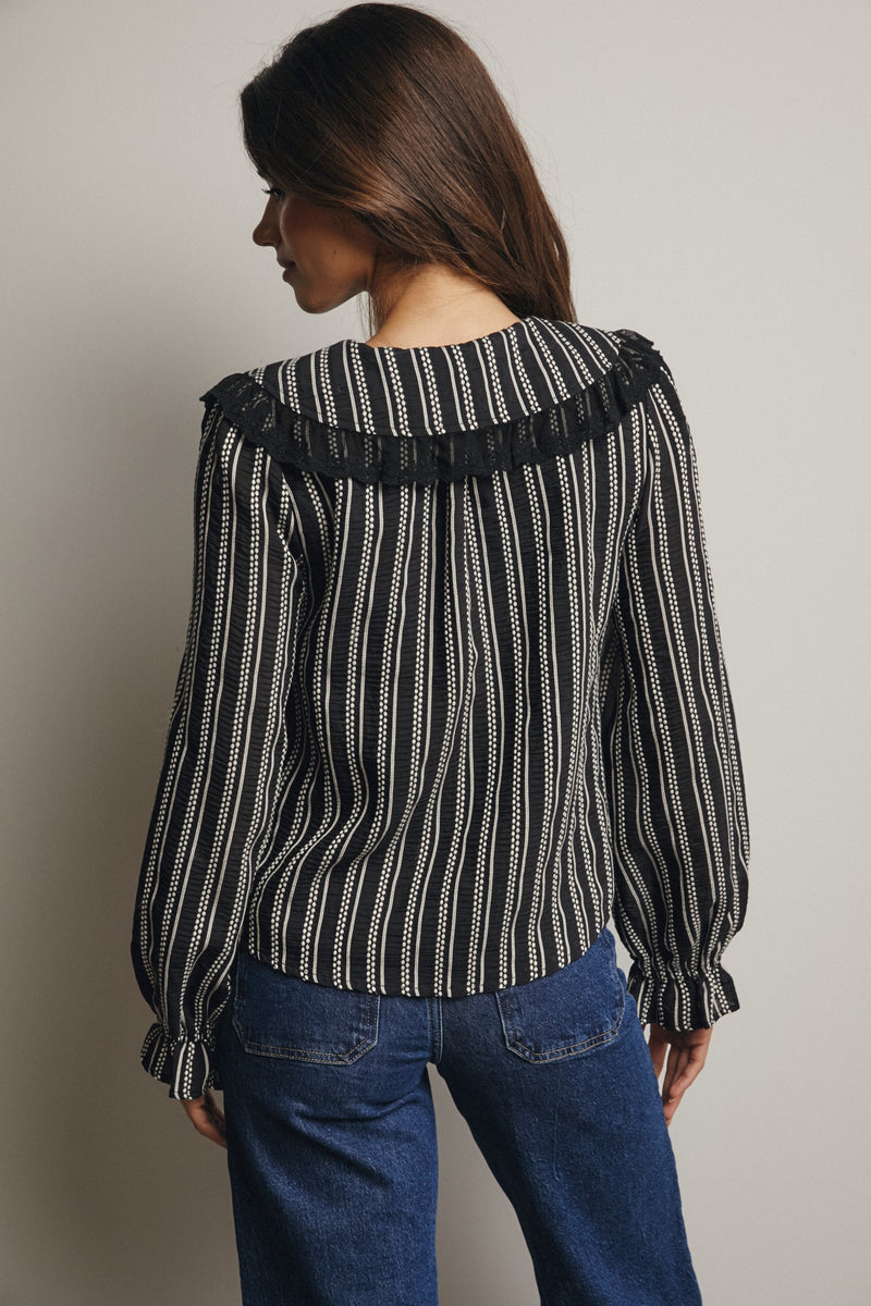 Black and White Lace Trim Button Down Blouse