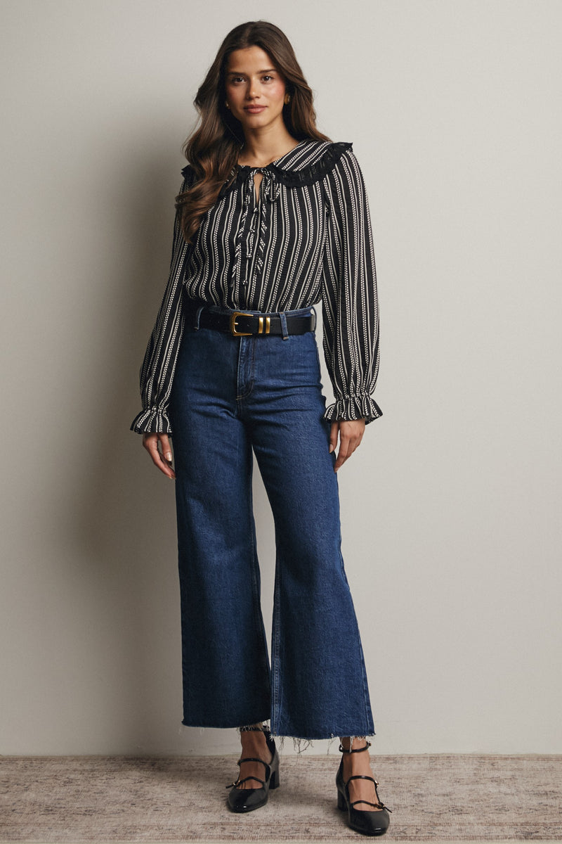 Black and White Lace Trim Button Down Blouse