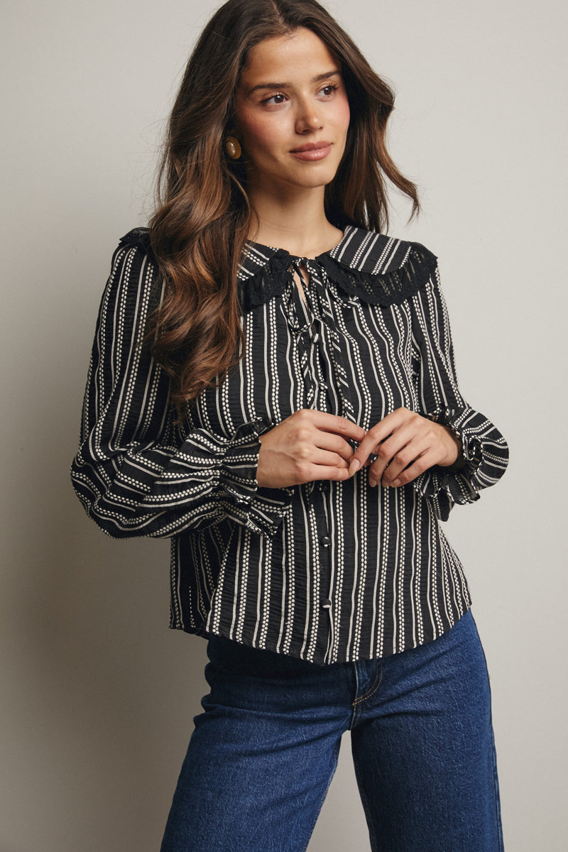 Black and White Lace Trim Button Down Blouse