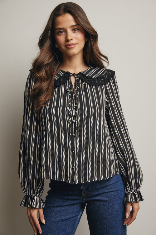 Black and White Lace Trim Button Down Blouse