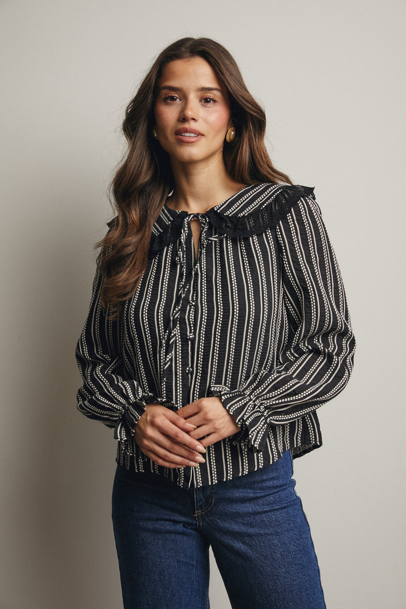 Black and White Lace Trim Button Down Blouse