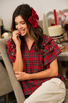 Red Plaid Pearl and Rhinestone Ruffled Sleeve Top