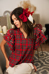 Red Plaid Pearl and Rhinestone Ruffled Sleeve Top