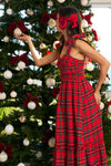 Red Plaid Tie Shoulder Midi Dress