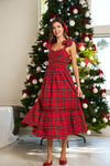 Red Plaid Tie Shoulder Midi Dress