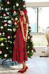 Red Plaid Tie Shoulder Midi Dress