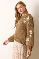 Taupe Pullover Sweater with Embroidered Flowers