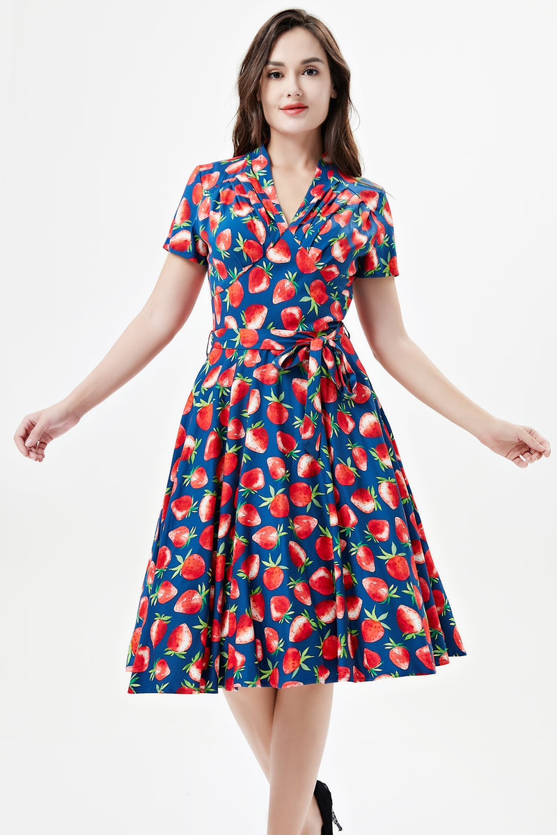 Navy Strawberry Short Sleeve Rose Dress by Miss Lulo