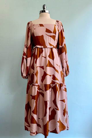 corey lynn calter gianna tiered maxi dress Abstract Pink and Brown Lantern Sleeve Midi Dress – Modern Millie
