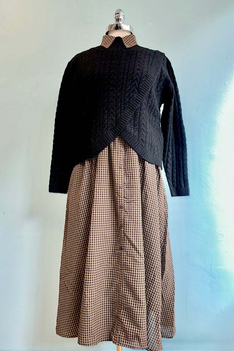 Navy and Brown Gingham Midi Dress
