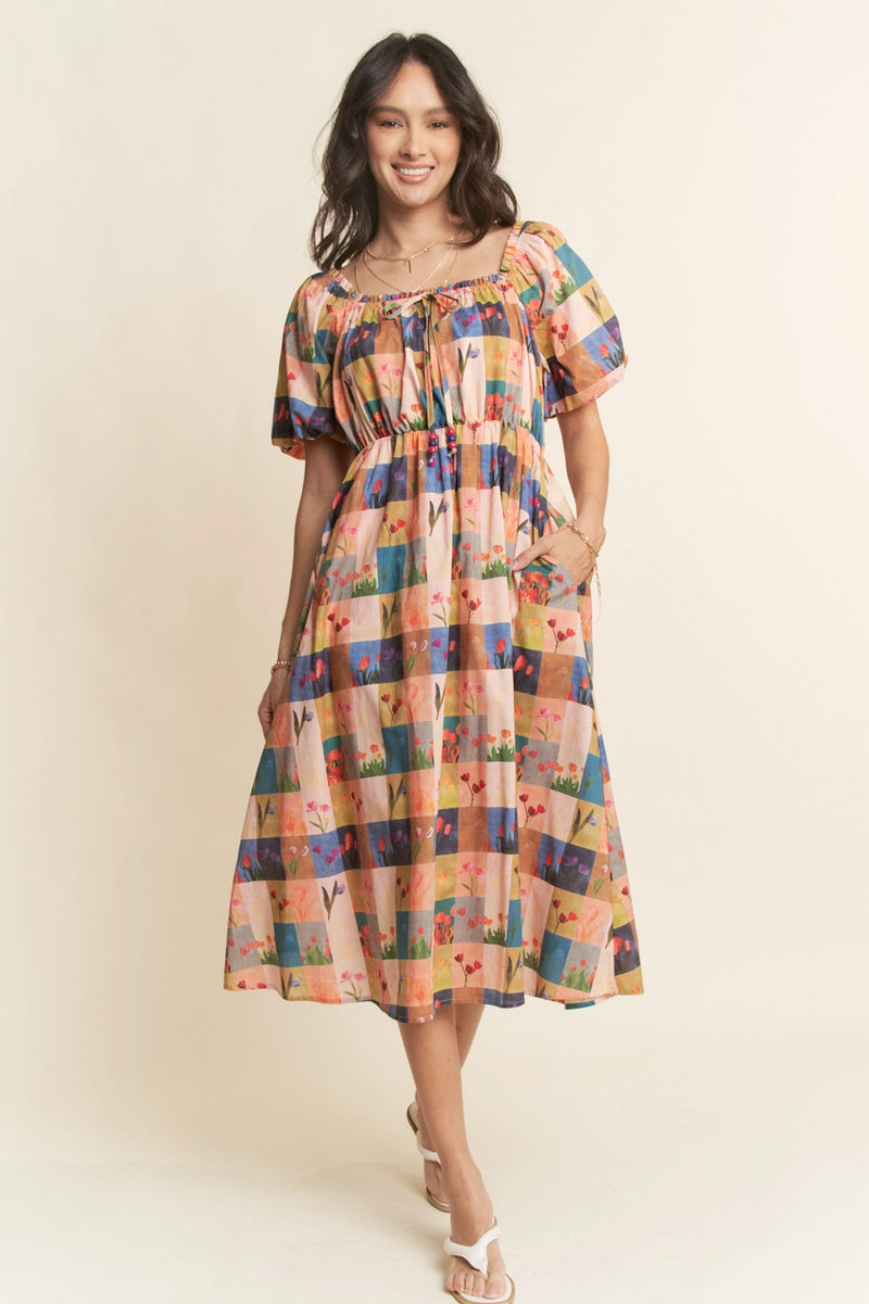 Checkered Tulip Print Midi Dress