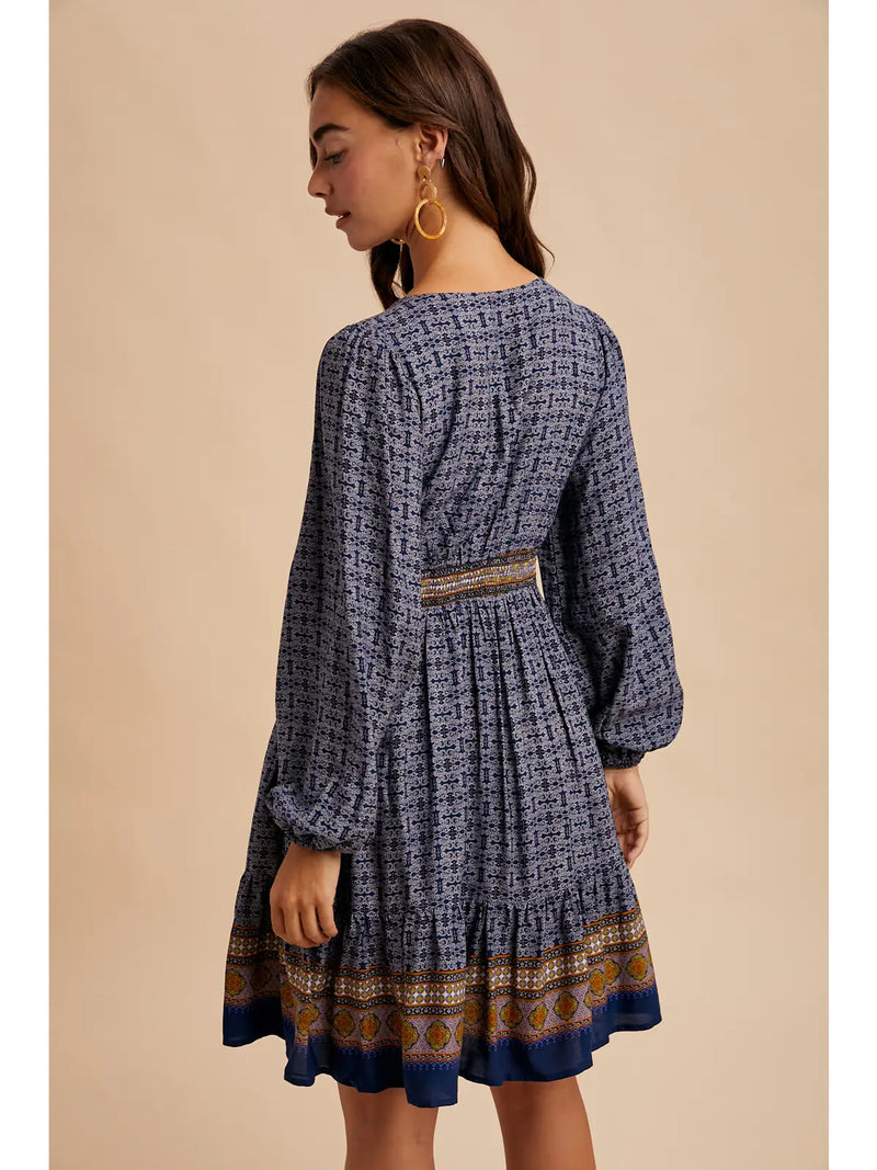 Border Print Mini Dress in Navy