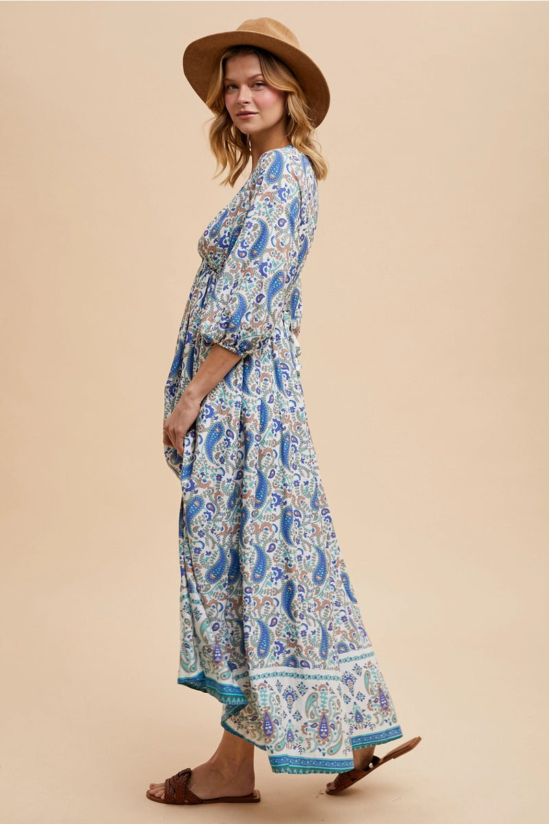 Blue Paisley V-Neck Maxi Dress Large