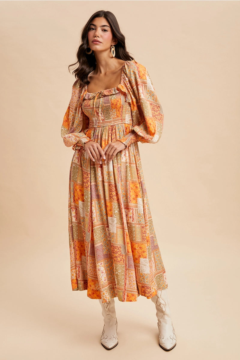 Smocked Ruffled Patchwork Maxi Dress
