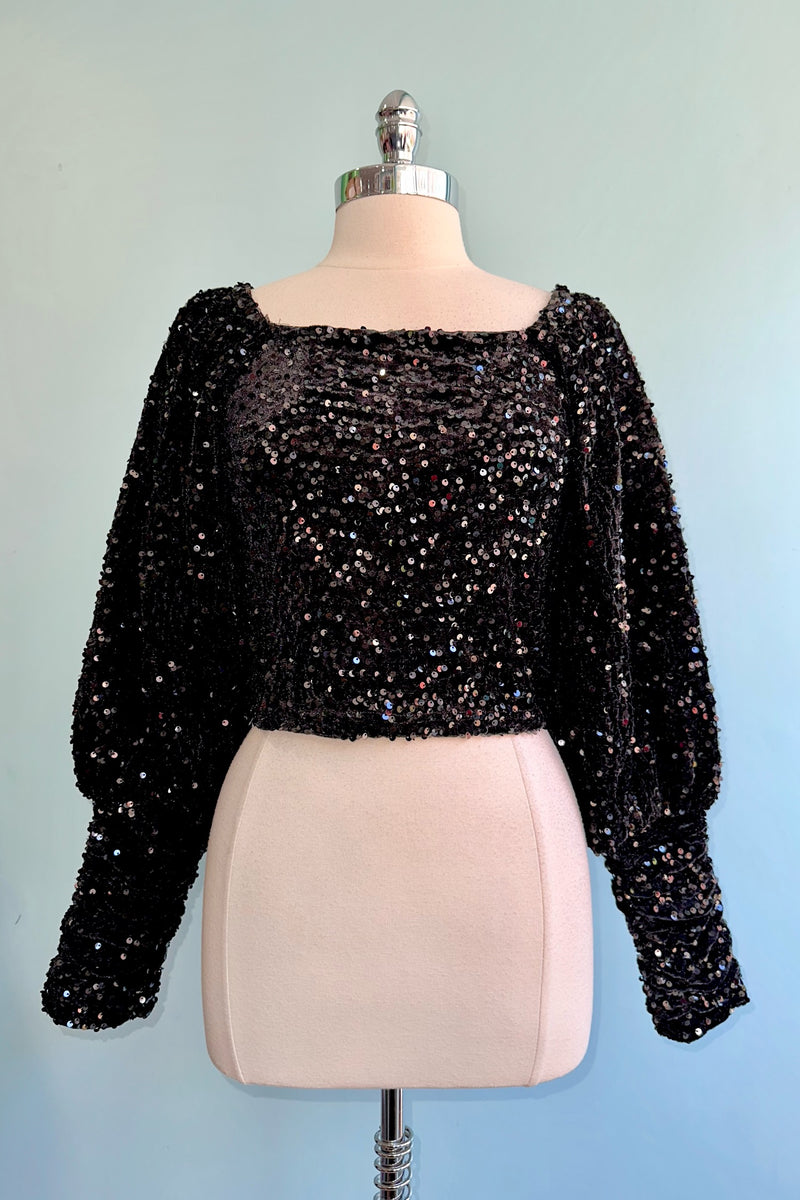 Black Sequin Square Neck Puff Sleeve Top