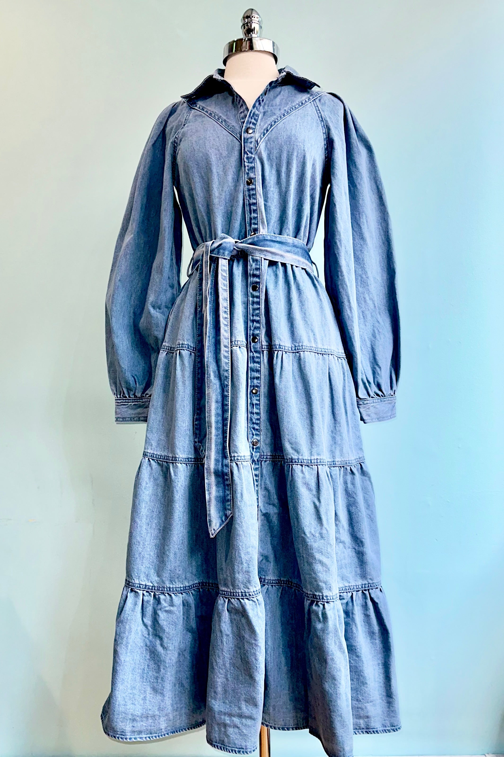 Denim Tiered Button Down Maxi Dress Small Denim Tiered Button Down Maxi Dress Small