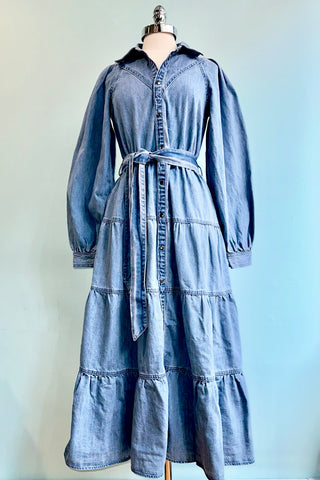 Denim Tiered Button Down Maxi Dress Small