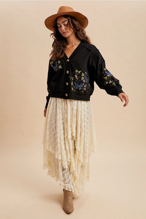 Black Embroidered Cardigan Sweatshirt