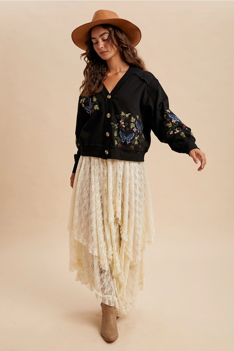 Black Embroidered Cardigan Sweatshirt