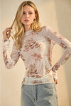 Ivory Floral Mesh Long Sleeve Mock Neck Sheer Top