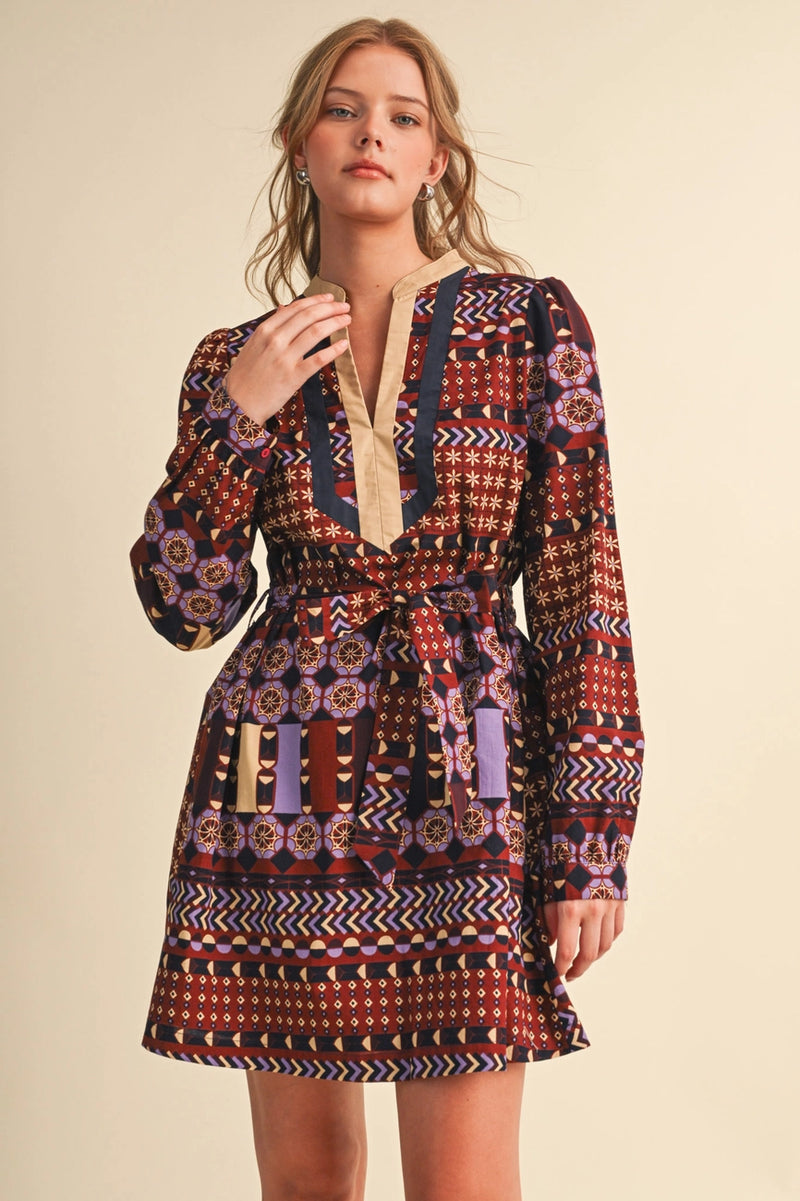 burgundy and navy dress Geometric Print Mini – Modern Millie Black Dress Pants tie waist style allows 90s Easter Dress and Color:Maya Blue