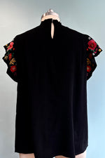 Black Floral Embroidered Flutter Sleeve Linen Top