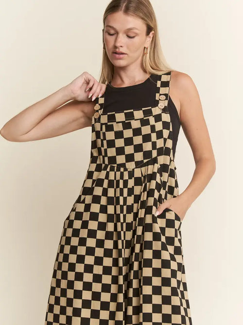 Black & Tan Checkerboard Denim Wide Leg Jumpsuit