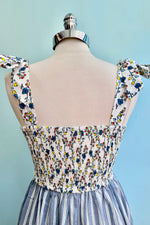 Blue Floral and Striped Print Midi Dress