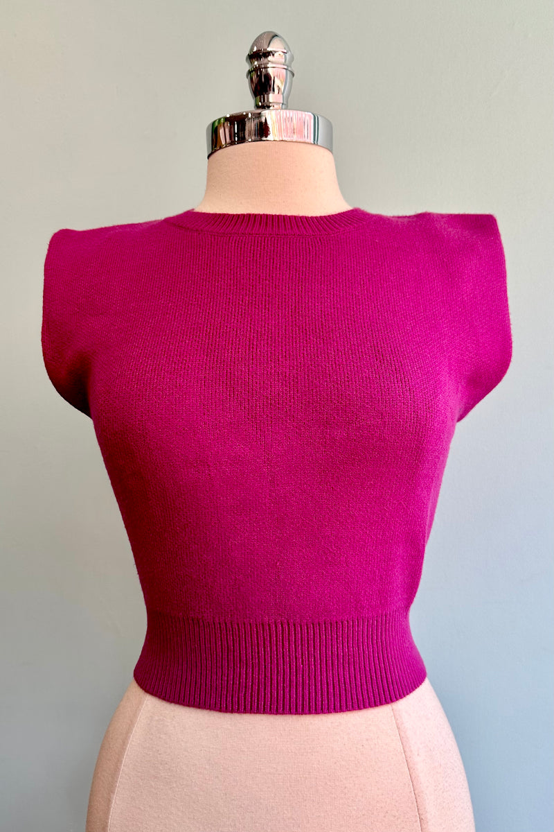 Magenta Padded Shoulder Cropped Sweater Vest