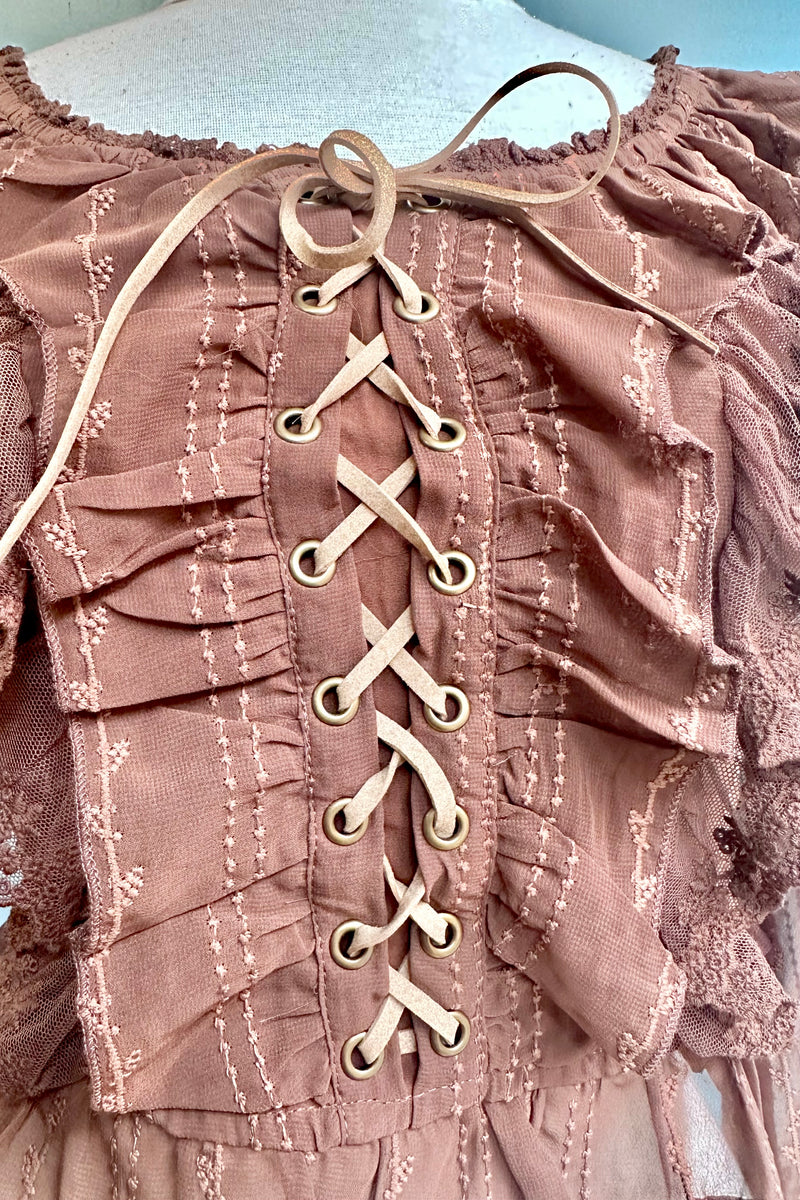 Lace Up Smocked Top in Mocha