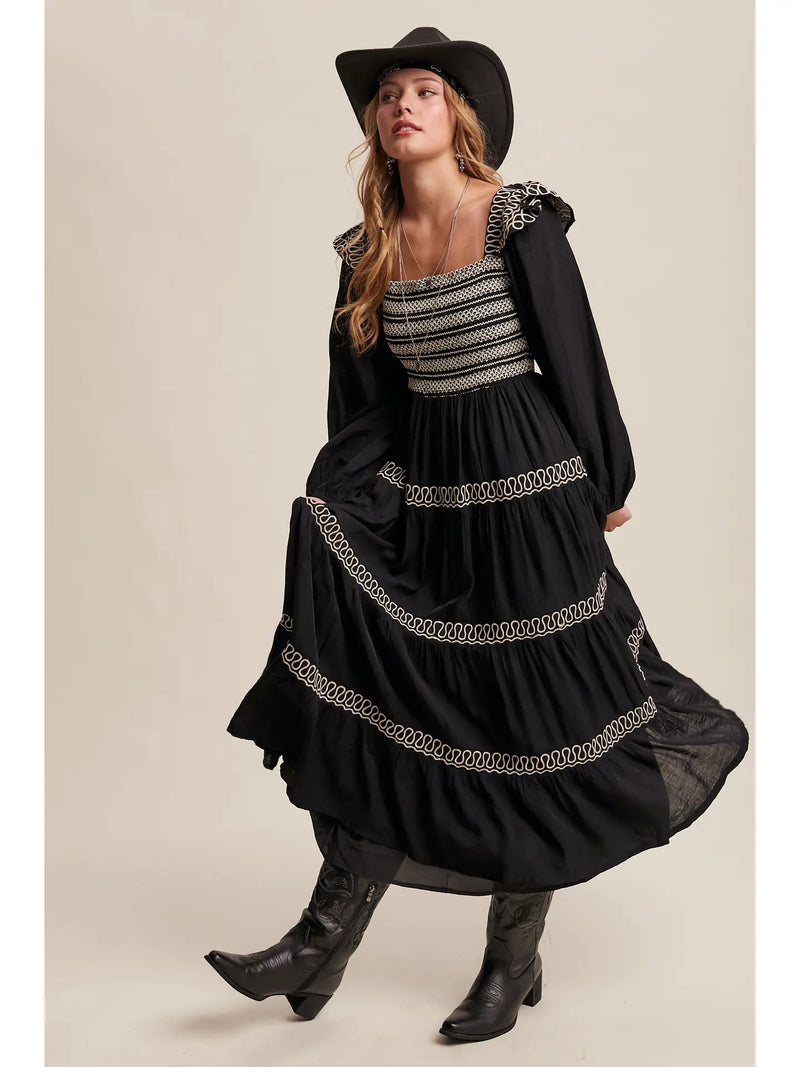 western maxi dress with sleeves Long Sleeve Lace Trim Maxi Dress Boutique Darling