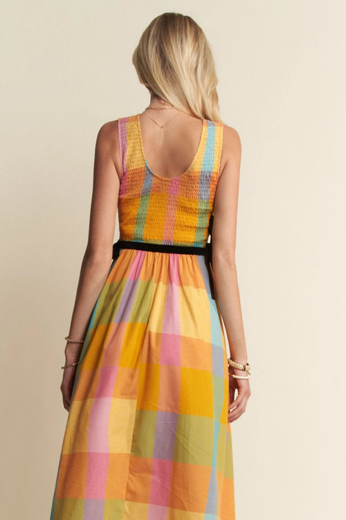 Check Plaid Smocked Bodice Midi Dress