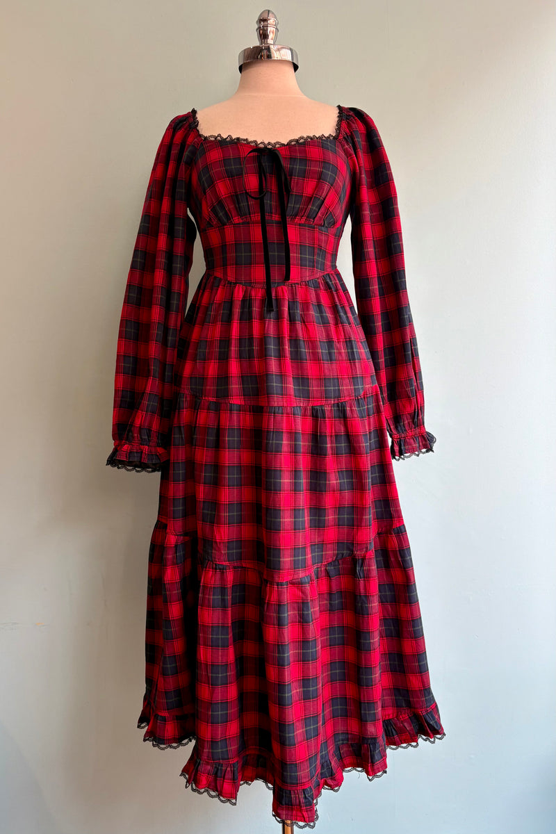 Red Plaid Lace Detail Smocked Maxi Dress Small Red Plaid Lace Detail Smocked Maxi Dress Small