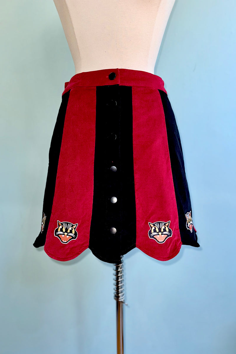Burgundy and Black Spooky Cat Corduroy Mini Skirt