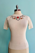 Ivory Embroidered Daisy Short Sleeve Sweater