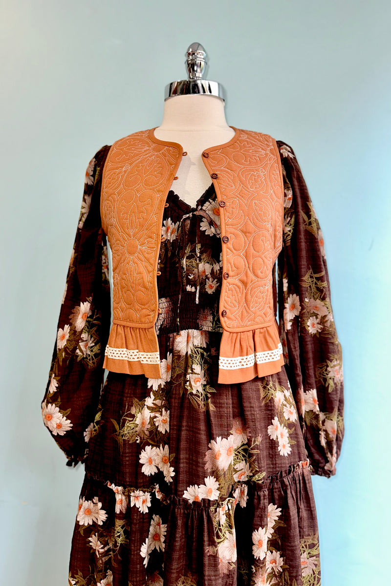 Brown Floral Long Sleeve Midi Dress