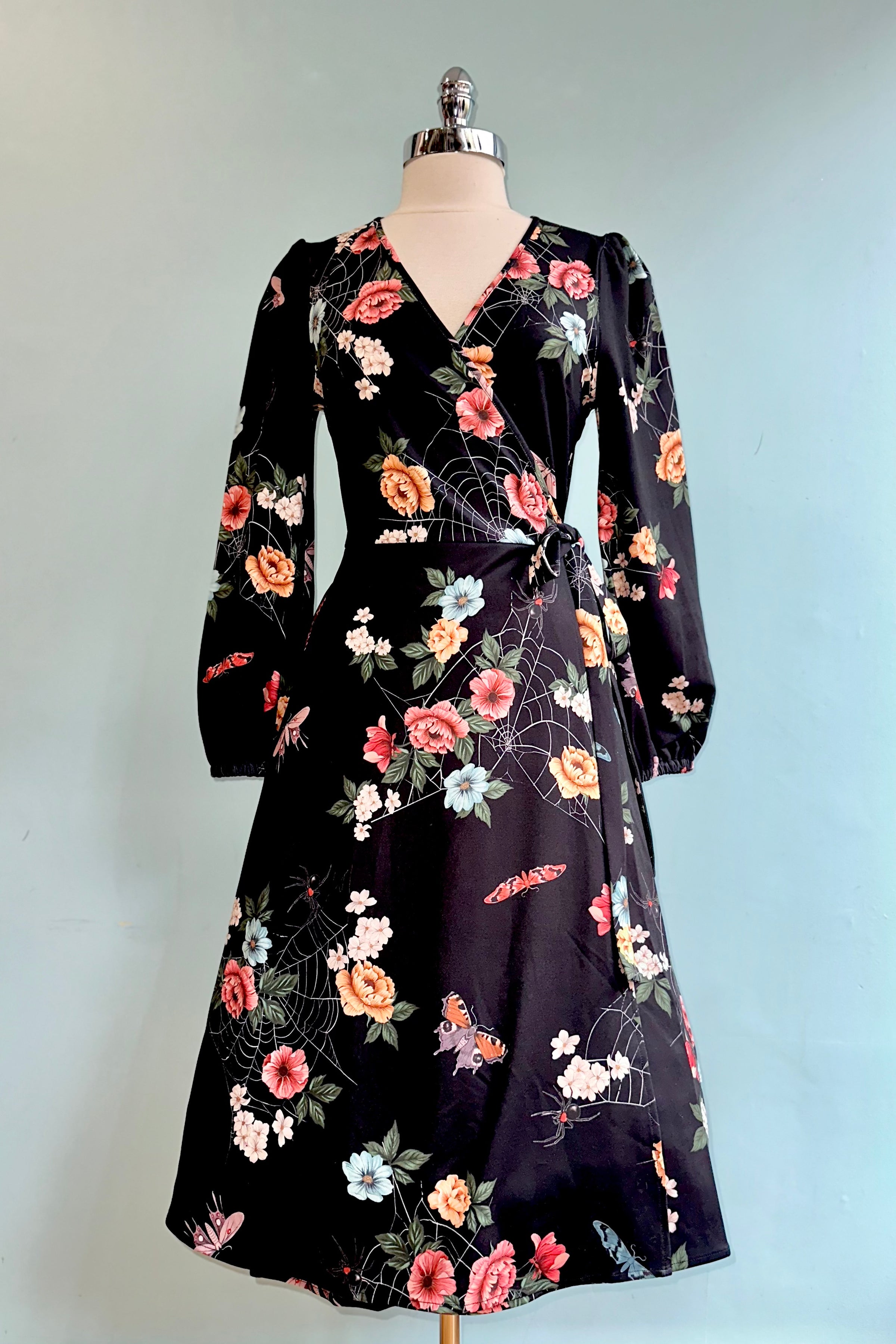 Floral Moth and Web Midi Wrap Dress by Voodoo Vixen Small Floral Moth and Web Midi Wrap Dress by Voodoo Vixen Small