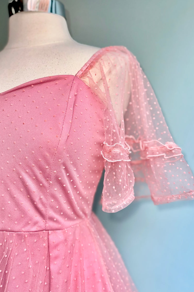 Swiss Dot Flutter Sleeve Dress in Rose Pink