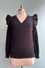 Black Ruffle Sleeve V-Neck Sweater by Molly Bracken
