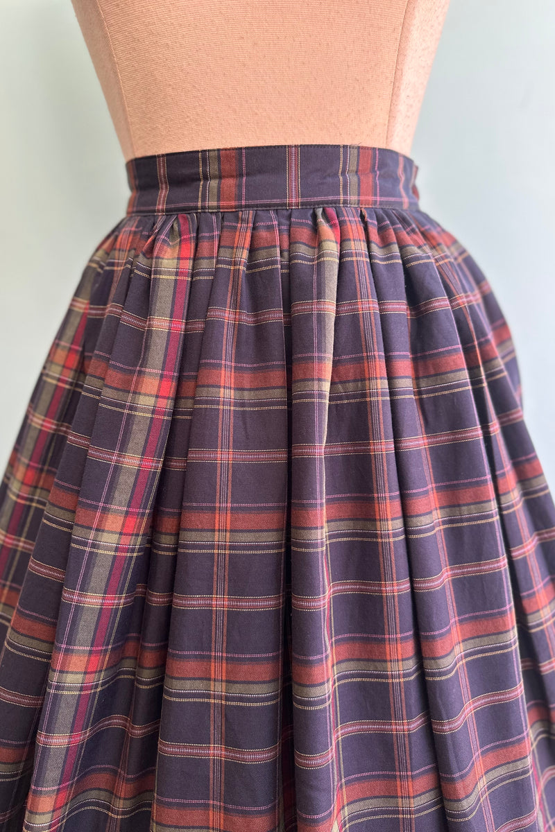 Navy Plaid Gathered Swing Skirt