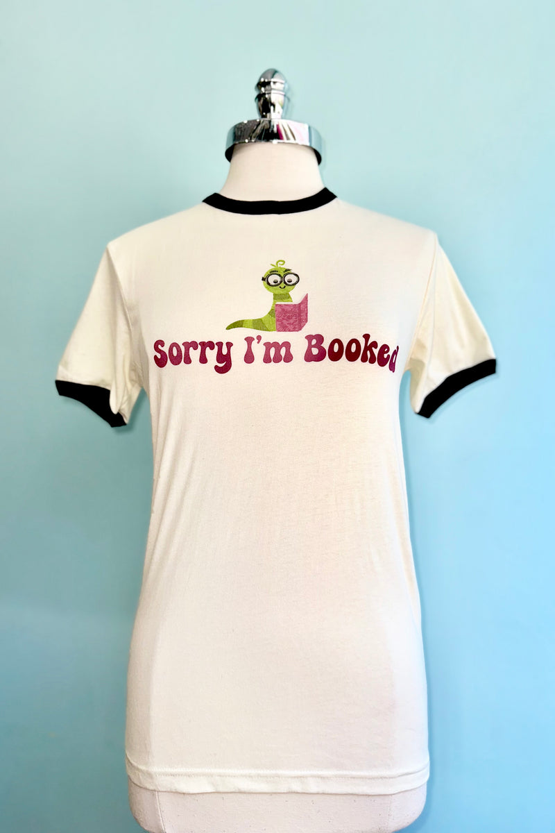 Sorry I'm Booked (Worm) Ringer T-Shirt in Off-White
