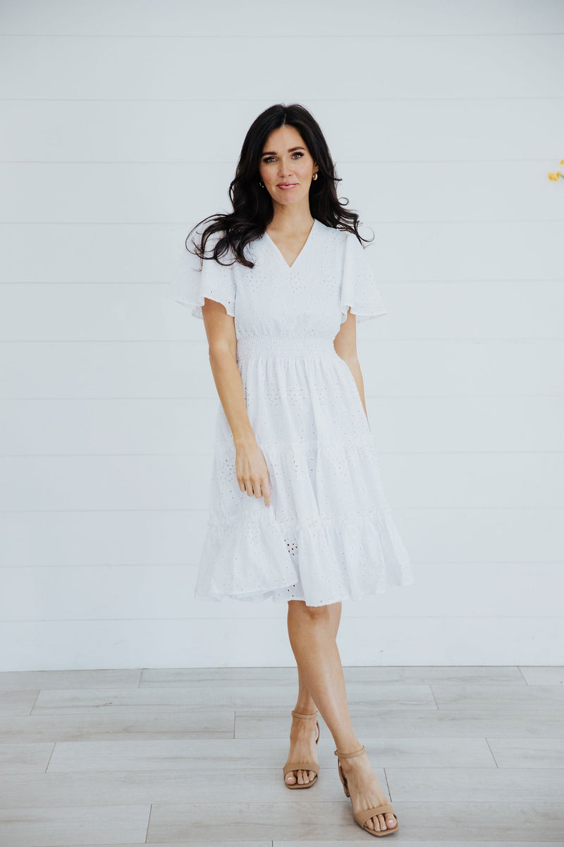 White Eyelet Flutter Sleeve Jackie Dress