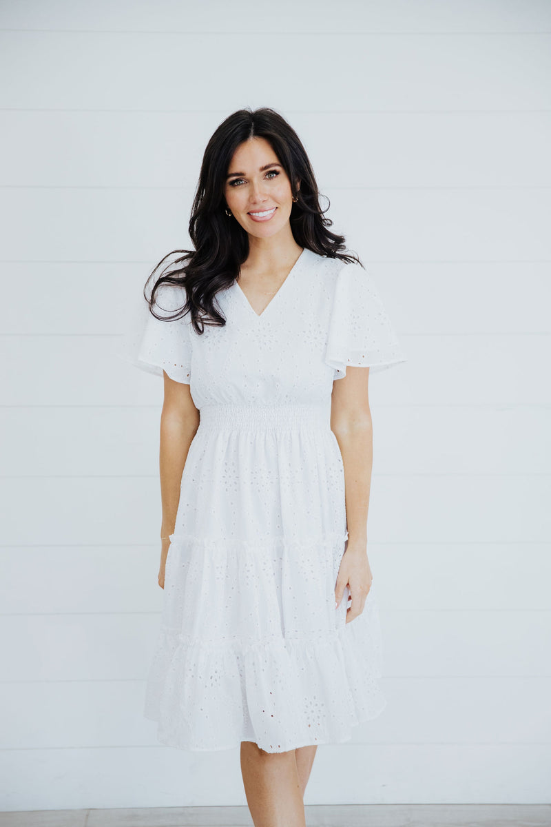 White Eyelet Flutter Sleeve Jackie Dress