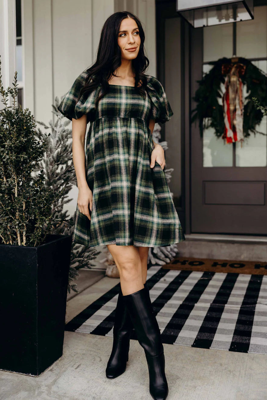 Green Flannel Plaid Tatum Mini Dress Medium Green Flannel Plaid Tatum Mini Dress Medium