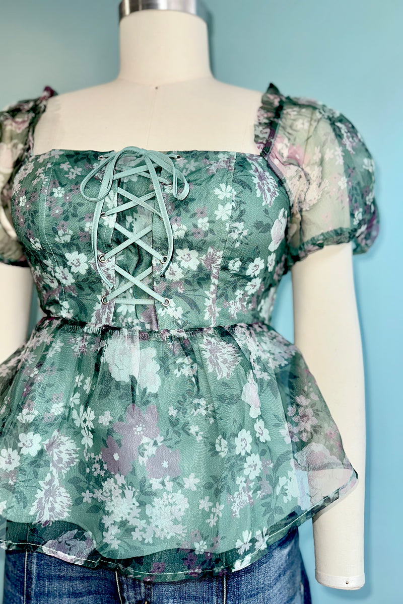 Green Floral Lace-Up Puff Sleeve Top