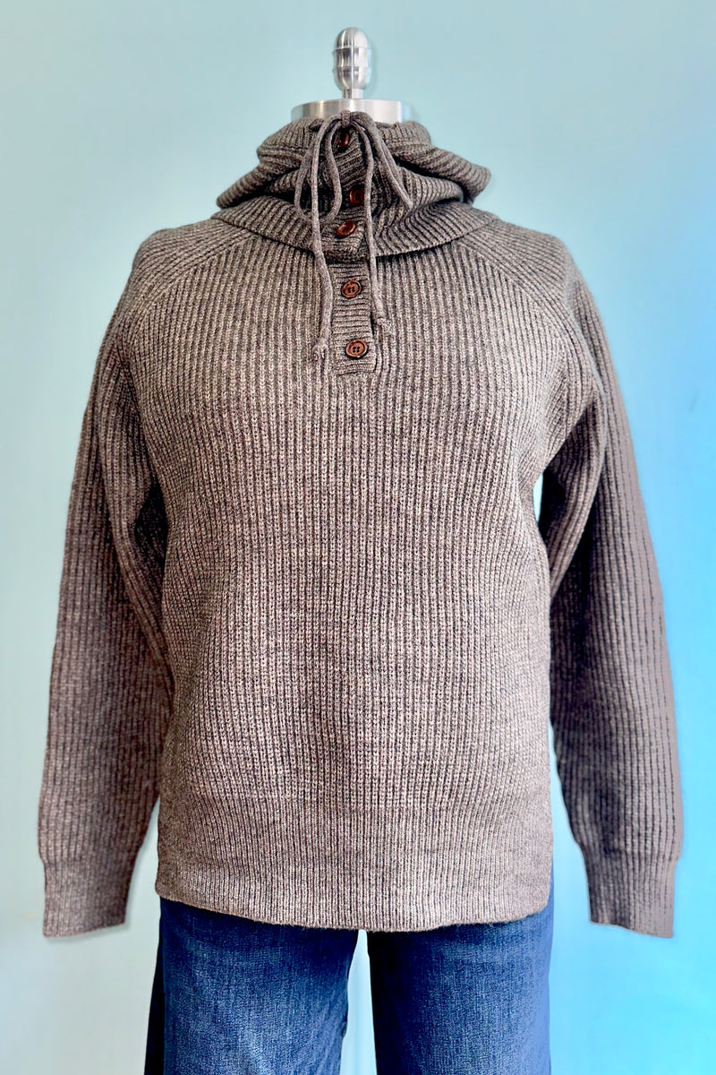 Detached Hood Button Front Knit Sweater in Mocha