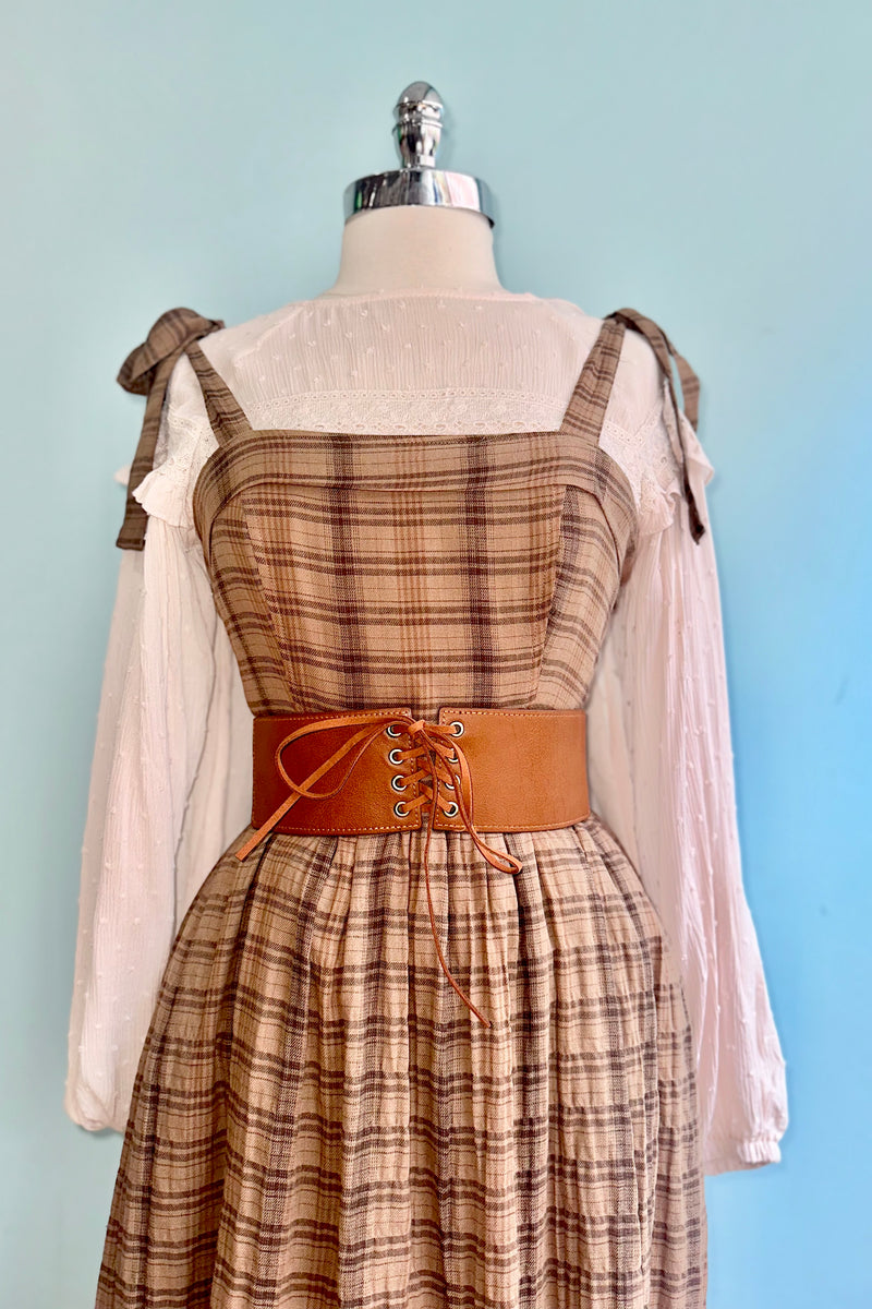 plaid maxi dress Women's Retro Sleeveless A-Line  Fitted Waist Pleate  Zulily Boho Plaid Maxi Maxi Dress Brown Plaid Tie Shoulder Maxi